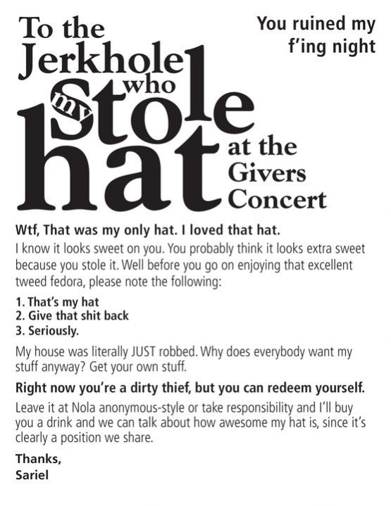 To the Jerkhole who Stole My Hat